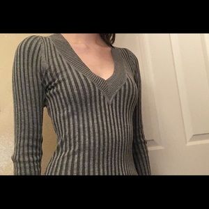 Gray rib-knit v-neck sweater